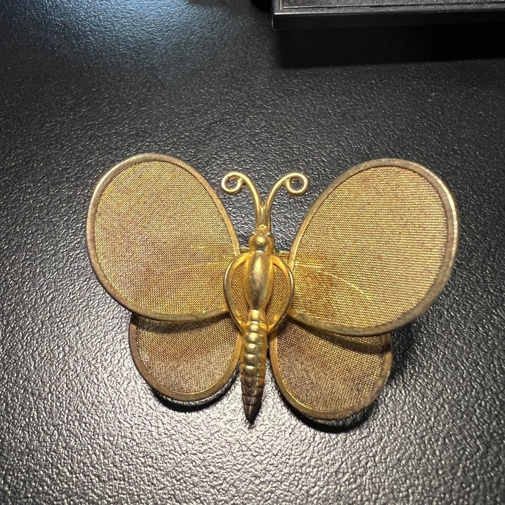 Vintage Butterfly Trembler Brooch Gold Tone Mesh‎ Articulated Pin